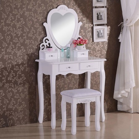 Dressing table with heart-shaped mirror