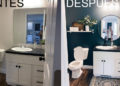 Before and After a bathroom in which they bet (and win) painting the walls a dark color