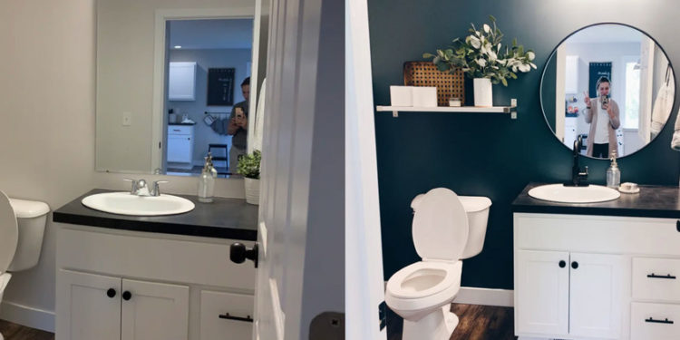 Before and After a bathroom in which they bet (and win) painting the walls a dark color