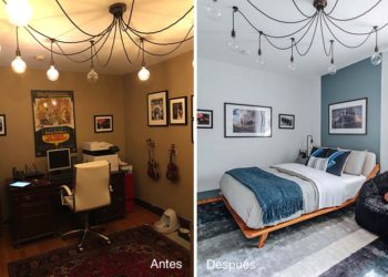 from old and dark office, to light-filled bedroom with study or work area