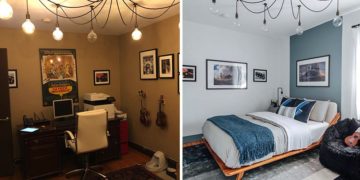 from old and dark office, to light-filled bedroom with study or work area