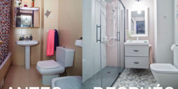 Before and After a bathroom without reforms that bets on gray and pink for its radical change