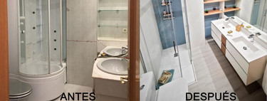 Before and after; a warm and fresh bathroom thanks to the touches of natural wood and a vibrant blue color