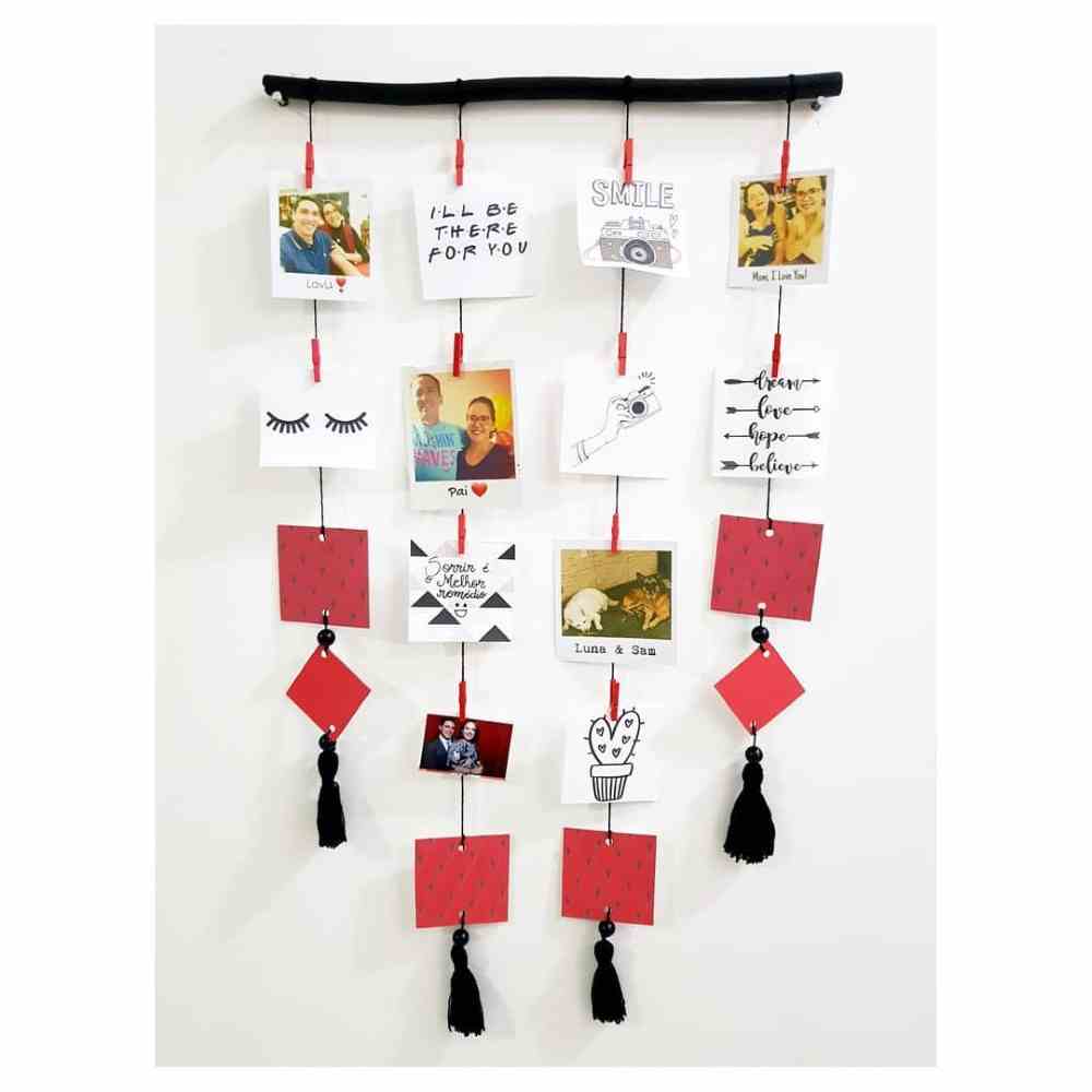 clothesline with photos and branches 