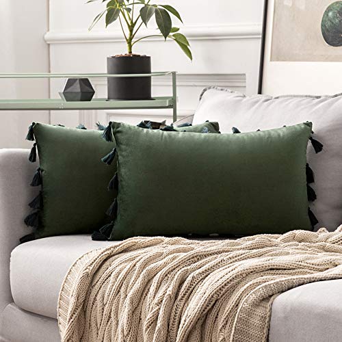 MIULEE Pack de 2 Terciopelo Funda de Borla Cojine Fundas Almohada del Sofá Throw Cojín Decoración Caso de la Cubierta Decorativo Almohadas para Sala de Estar 12x20inch 30x50cm Verde Oscuro