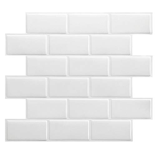 FAM STICKTILES Pegatinas de Baldosas, Pegatinas de Azulejos 3D Auto-Adhesivo Pegatina Pared Revestimiento Border Decorativo Impermeable para Cocina y Baño 11"x 10" (Blanco-4 Piezas)