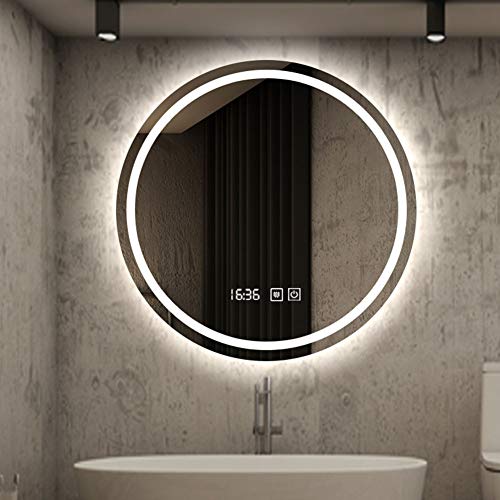 L&ED Round Backlit Mirror, Wall-Mounted LED Illuminated Bathroom Mirror, Touch Button + Fog + Time / Temperature, Modern Vanity Mirror