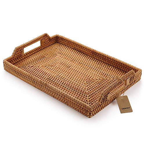 Rectangular Hand Woven Rattan Serving Tray for Food and Drinks Decorative with Handles 37x26x3.5cm Natural