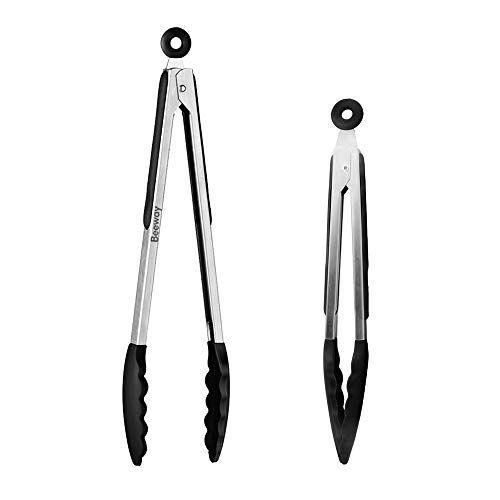 Beeway Silicone Kitchen Tongs, Premium Stainless Steel with Non-Slip Silicone Grip for Barbecue, Buffet, Salad- Set of 2 (9 ”and 12”)