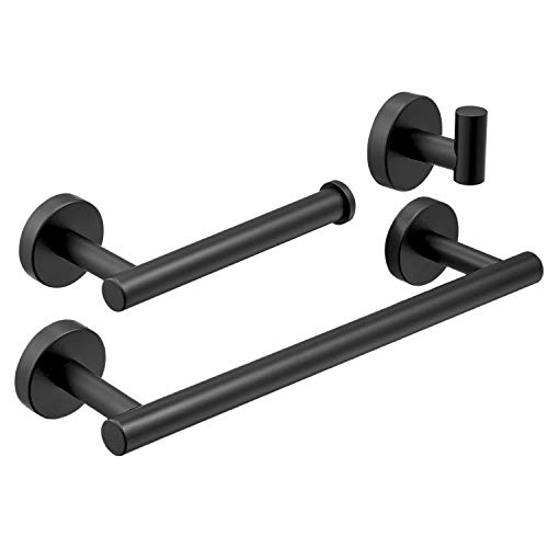 Beelee Wall Mount 3 Piece Bathroom Accessory Set, 12 Stainless Steel" Towel Bar Roll Holder Toilet Paper Towel Hooks, black finish, BA19500SET-3B