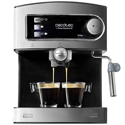 Cecotec Power Espresso 20 - Manual Express Coffee Maker, 850W, 20 Bar Pressure, 1.5L Tank, Double Outlet Arm, Steamer, Cup Warmer Surface, Stainless Steel Finishes, Black / Silver