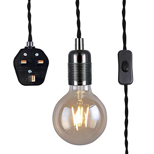 Pendant lamp with plug, vintage style, E27 lamp holder, 3500mm twisted braided cable with switch,.