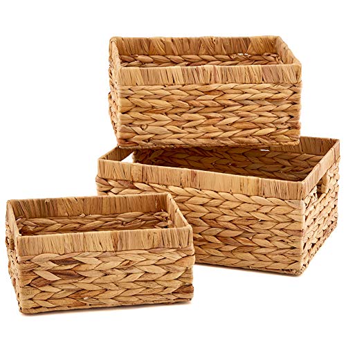 EZOWare Set of 3 Natural Wicker Water Hyacinth Storage Baskets, Decorative Organizer Box with Handles Ideal for Bathroom, Kitchen or Home Decor