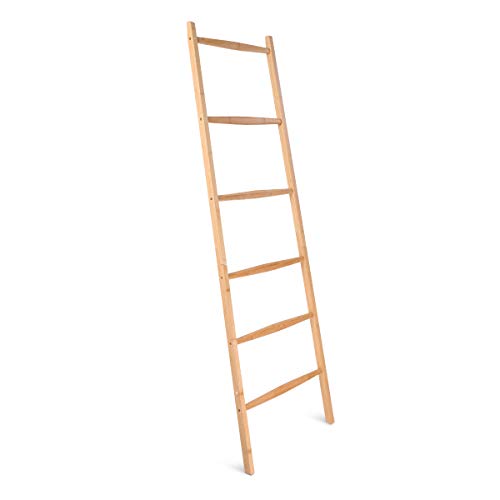 Navaris Bamboo towel rack ladder - Organizer rack with 6 rungs - Towel holder to rest on the Wall - Vintage standing towel rack - 1.7 M