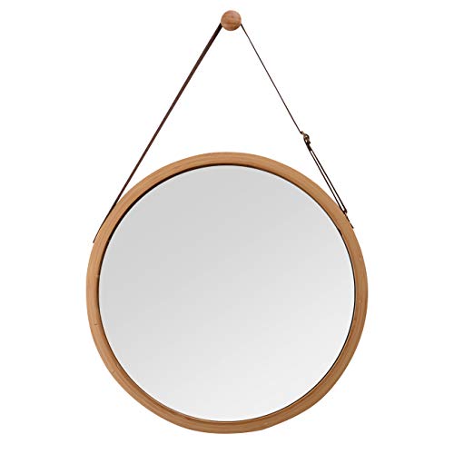 ZRI Bamboo Round wall mirror with adjustable leather strap, bamboo, brown, 38 cm