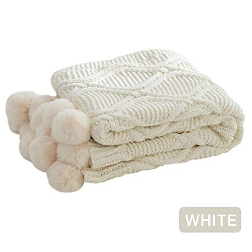 Yunhigh-en New Knitted Blanket, White Thick Chenille Throw Blanket Knitted Sofa Bed with Pom Poms Decoration Soft Warm Comfortable for Baby Kids Boys Girls Adults and Elders (130 × 160cm)