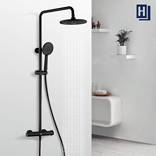 HOMELODY Shower Set 40 ℃ Thermostatic Black Brass Shower Column Adjustable Height 829mm-1221mm Rain Shower 3 Types Hand Shower With Non-slip Handwheel for Bathroom