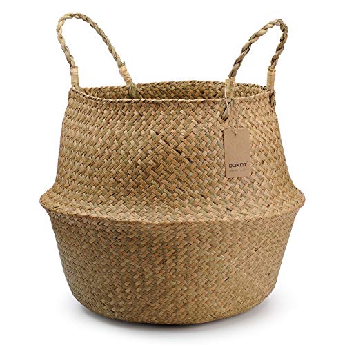 DOKOT Natural Seagrass Wicker Basketry Basket, Laundry Baskets with Handle, Folding Belly Basket Planter, Home Decoration Store Toys, Clothes, Fruit or Plants 45 x 36cm