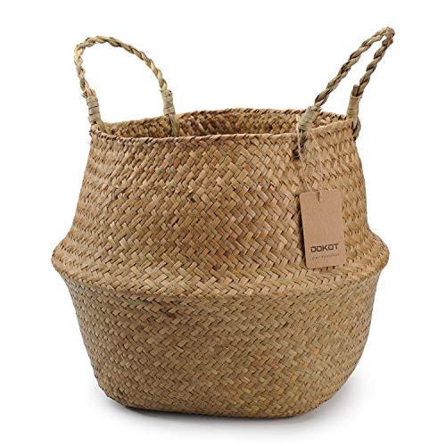 DOKOT Natural Seagrass Wicker Basketry Basket, Laundry Baskets with Handle, Folding Belly Basket Planter, Home Decoration Store Toys, Clothes, Fruit or Plants 22 x 20 cm