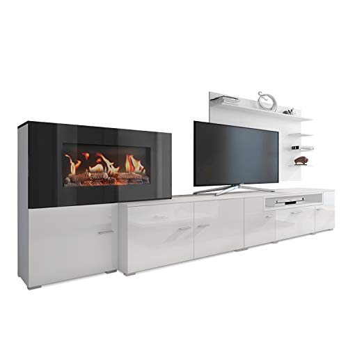 SelectionHome - Living-dining room furniture with electric fireplace, Matt White and White Gloss Lacquered finish, measures: 290 x 170 x 45 cm deep