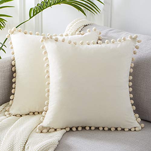 Topfinel Exterior Velvet Cushions 2 Cushion Covers Decoration with Trim 45x45 cm, Pillow for Sofas, Beds, chairs Beige