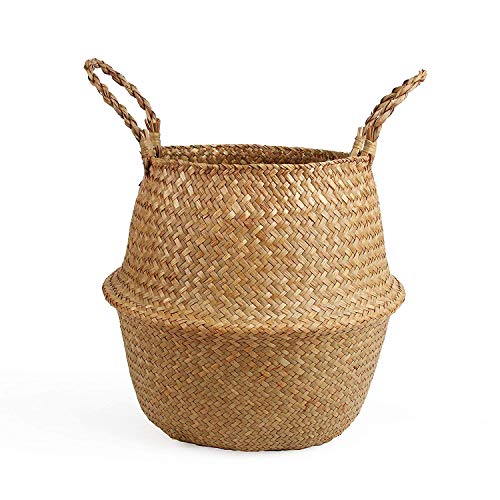 BlueMake Folding Wicker Basket for Indoor Handmade Storage for Plants Laundry Hamper (Large, Original)