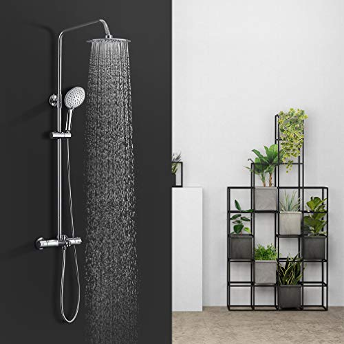 BONADE Thermostatic Shower Column with Faucet Round Shower Set for Bathtub with 3 Functions Hand Shower and Height Adjustable Bar (83-113 cm)