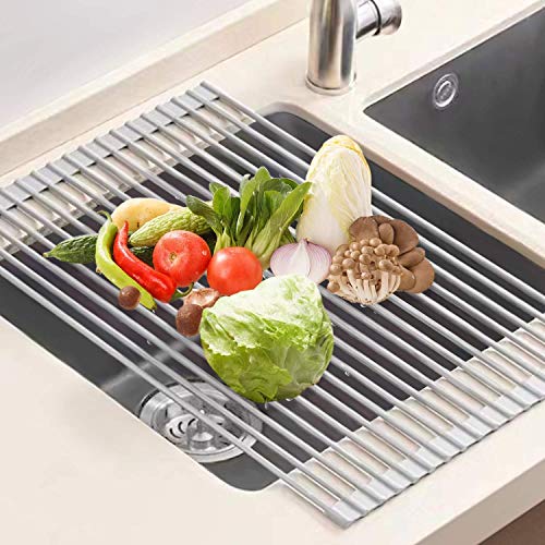 U-Taste Dish Drainer Stainless Steel, 52x33 CM Roll Up Dish Drainer Dish Drainer Multipurpose Sink Drainer Kitchen Dish Drainer-Gray