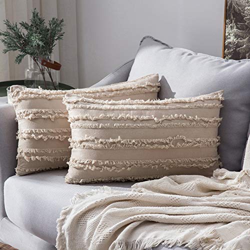 MIULEE Cushion Covers Tassel Comfortable Soft Pillow Cushion Cover Case Decorative Linen Durable Decor for Sofa BedBeige 12"x20"Inch 30x50cm 2 Pieces