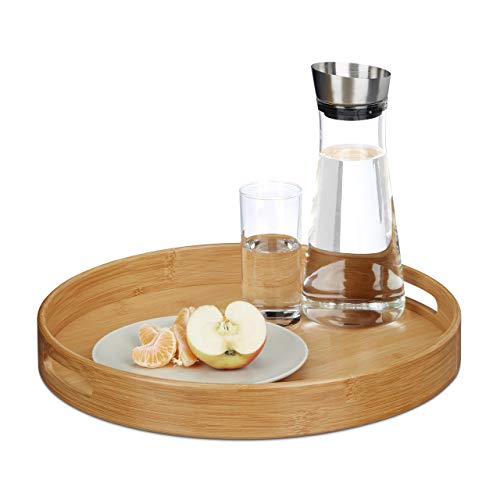 Relaxdays Round Waiter Tray with Handles and Rim, Bamboo, Brown, 38.5 cm