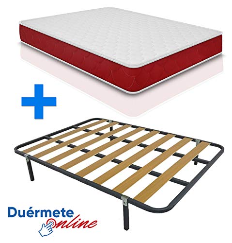 Duérmete Online - Full Bed with Reversible Lite Viscogel Viscoelastic Mattress + Basic Base + 6 Legs, Set, 150x190