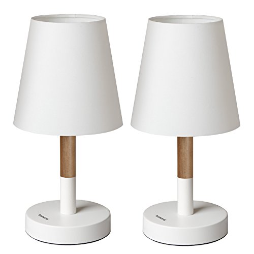 Tomons 2 x Bedside Lamp with Fabric Shade, Wooden Desk Lamp for Bedroom, Living Room - White