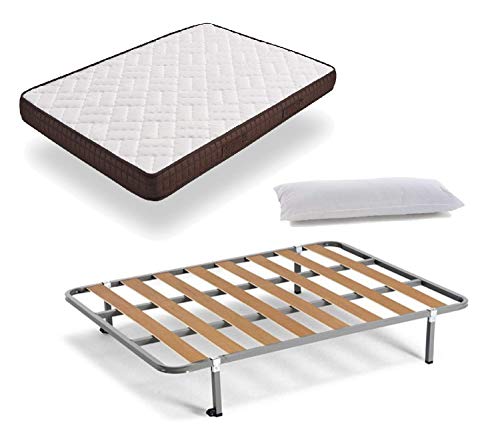 HOGAR24 ES Full Bed - Reversible Viscobrown Mattress + Basic Base + 4 Legs + Fiber Pillow, 150x200