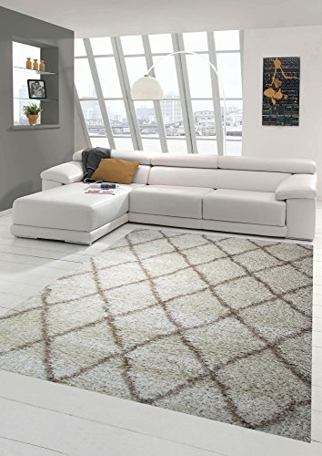 Shaggy Shaggy living room rug Beige cream diamond pattern Größe 200 x 290 cm