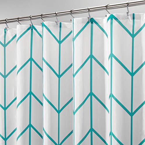 mDesign Polyester Shower Curtain - Modern Bathroom Accessory for the Shower - Herringbone Pattern Shower Curtains - 183cm x 183cm Bathroom Curtains - Greenish Blue / White