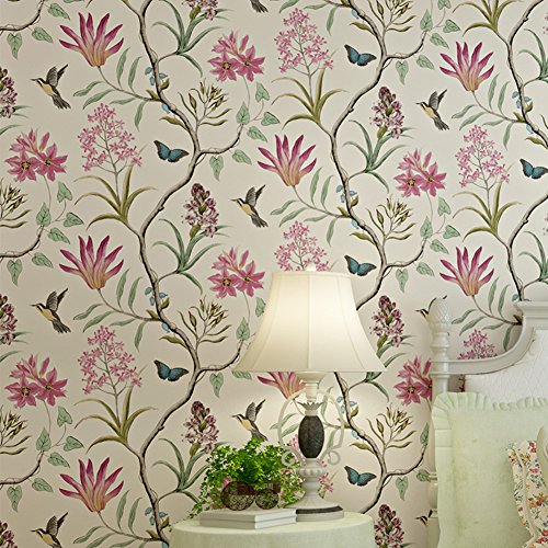 LianLe Wallpaper Birds Butterflies Flowers for Wall Decoration 10M * 0.53M, A