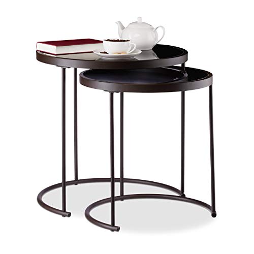 Relaxdays Set 2 Round Auxiliary Tables, Steel-Glass, Brown / Black, 50 x 50 cm