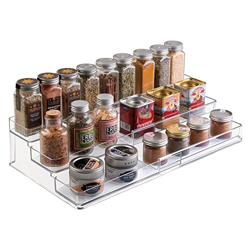 mDesign Extendable plastic spice rack - Shelf for spices and condiments - Ideal kitchen accessory to organize spices - Spice rack with 3 levels - transparent