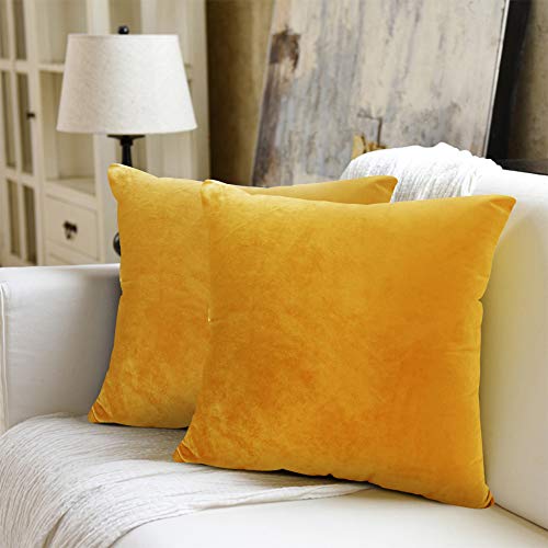 WEYON Set of 2 Decorative Velvet Cushion Covers with Sturdy Concealed Zip for Sofa, Bedroom or Car, Velvet, Lemon Yellow, 40 x 40 cm