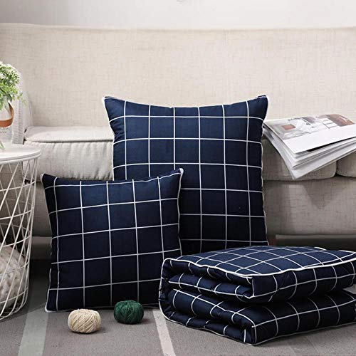 WTMLK 2 in 1 Throw Pillow Quilt Blanket Cotton Folding Cushion Striped Plaid Home Office Car Pillow Cushion Back Cushion, Navy Blue, Small Grid, 50x50cm