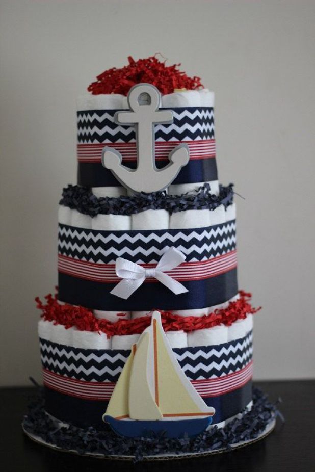 blue and white diaper cake