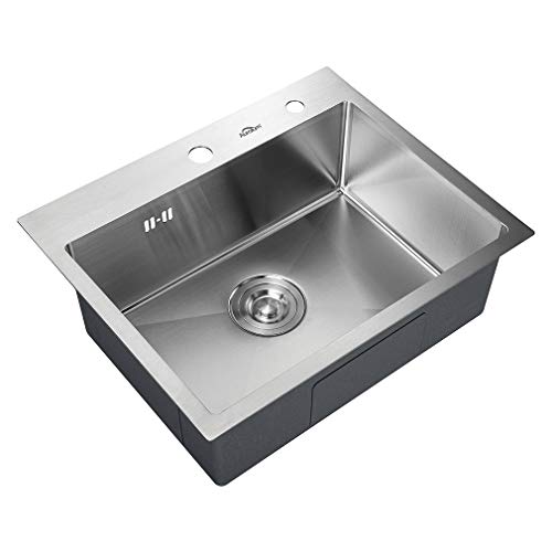 Auralum - Single Bowl Kitchen Sink 55x45cm 304 Stainless Steel Kitchen Sinks with 2 Mounting Holes and Drainer Countertop or Flush-Fitted Kitchen Sink