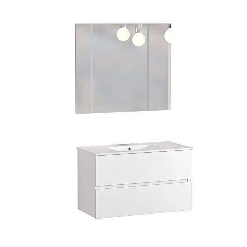 Baikal 830134019 Bathroom Furniture Set suspended to the Wall, with Basin and Mirror, Two drawers, 16 Melamine, Matte White Color, Cm, 100 X 55 X 46 cm