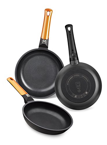 BRA Efficient Orange - Set of 3 pans, cast aluminum with PFOA-free 3-layer non-stick, for all types of cookers including induction and glass-ceramic, dishwasher safe, 18-22-26 cm