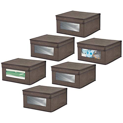 mDesign Cloth Organizer Box Set of 6 - Stackable Storage Box for Sorting Closets, Shoes or Clothes - Closet Organizer with Lid and Window - Dark Brown