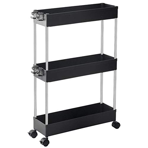 SPACEKEEPER 3 Tier Storage Cart, Slim, Mobile, Shelf Organizer, Slide-out, Rolling, Utility, Kitchen Shelf, Bathroom, Laundry, Office, Narrow Places, Black