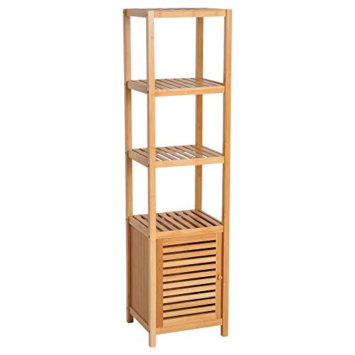 HOMCOM Bamboo Shelf for Bathroom Tall Cabinet Bookcase Organizer 4 Levels 1 Door 36x33x140cm