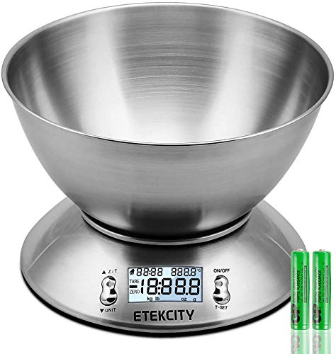 Etekcity Digital Kitchen Scale with Removable Bowl, 5 kg / 11 lbs, Stainless Steel Kitchen Scale, Timer and Temperature Sensor, LCD Display, EK4150