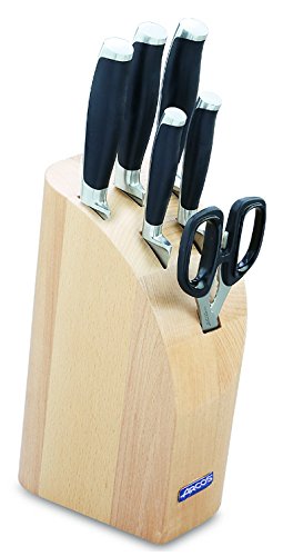 Arcos Kyoto Series - Knife Set of 6 pieces (5 Knives + 1 Scissors) - Forged Stainless Steel Blade NITRUM - Polyoxymethylene (POM) Handle - Brown Wood Block