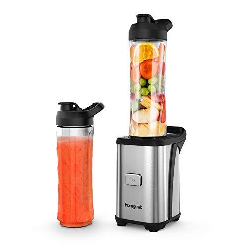 homgeek Single Glass Blender, 350W Portable Blender for Smoothies, Fruits and Vegetables, Includes 2 600 ml Bottles, Stainless Steel Body, Single Button Operation, BPA Free, Silver